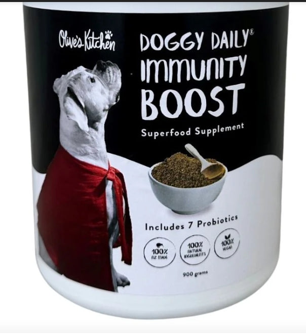 Doggy Daily Immunity Boost Supplement by Animal Addiction Limited, 700g jar with nutritional ingredients for dogs' health.