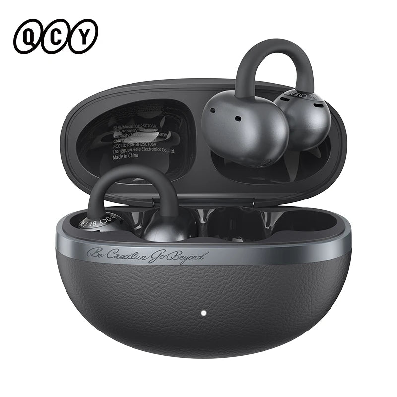 QCY CT06 open ear wireless earbuds with 4-mic calls, bass boost, Bluetooth 6.0, clip-on design, and 35-hour playtime.
