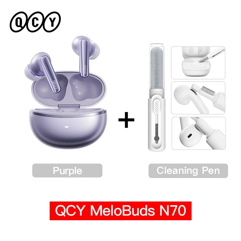 QCY HT18 wireless earphones with dual-driver design, Bluetooth 6.0, Hi-Res LDAC, adaptive ANC, and in-ear detection.