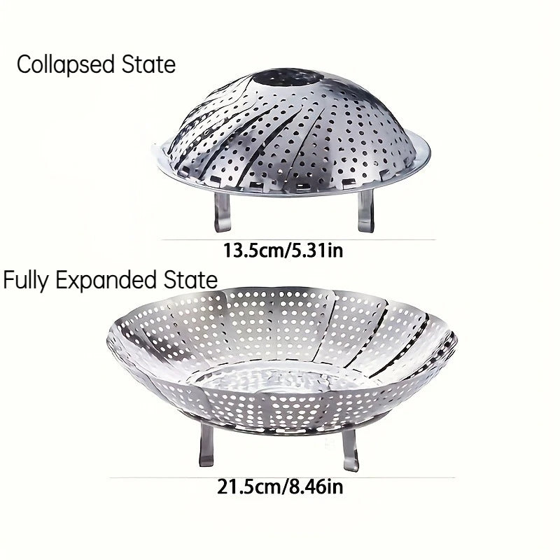 Foldable stainless steel steamer basket with adjustable design, ideal for steaming vegetables and seafood in the kitchen.