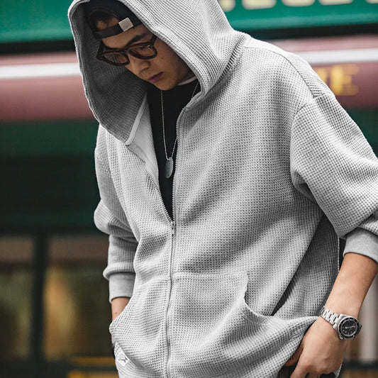Maden Japanese Vintage Gray Waffle Hoodies for Men Brand Essential Hooded Sweatshirts Amekaji Loose Sport Jacket Jogger Pullover