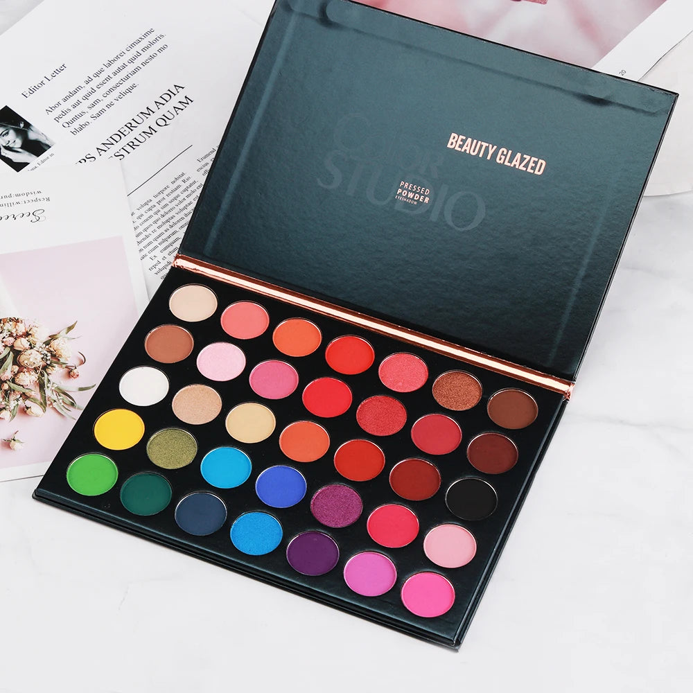 Beauty Glazed 35-color eyeshadow palette with a variety of vibrant and neutral shades for versatile makeup looks.