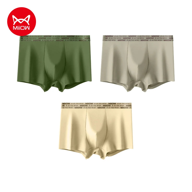 Set of three men's antibacterial cotton boxer shorts from MiiOW, featuring comfortable fit and breathable fabric in assorted colors.