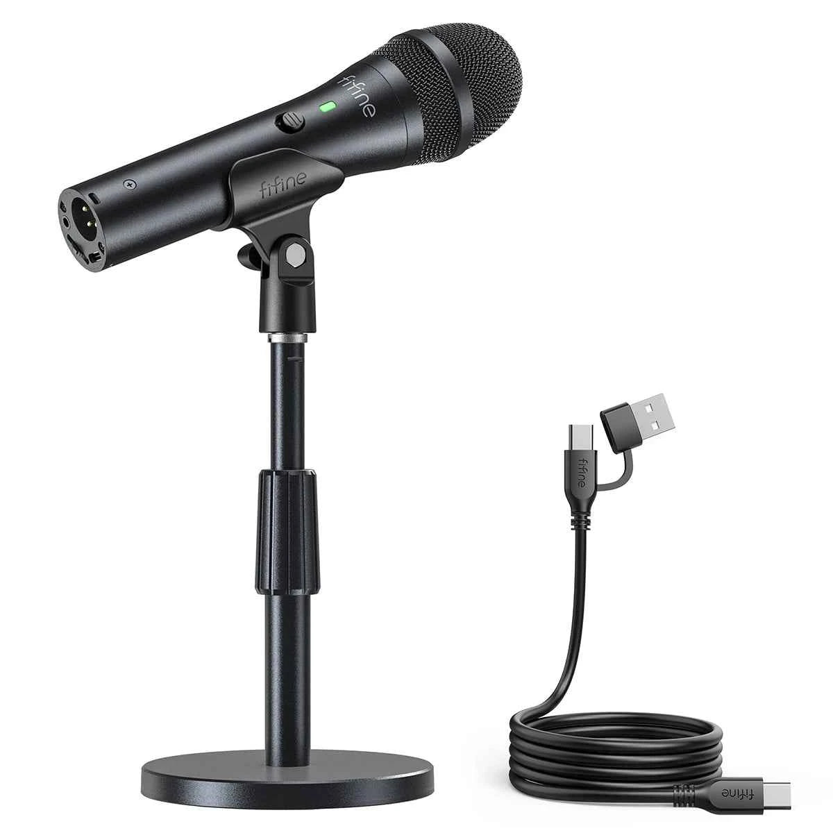 FIFINE USB/XLR dynamic microphone for professional recording, shown on a stand with a black grille and sleek design.