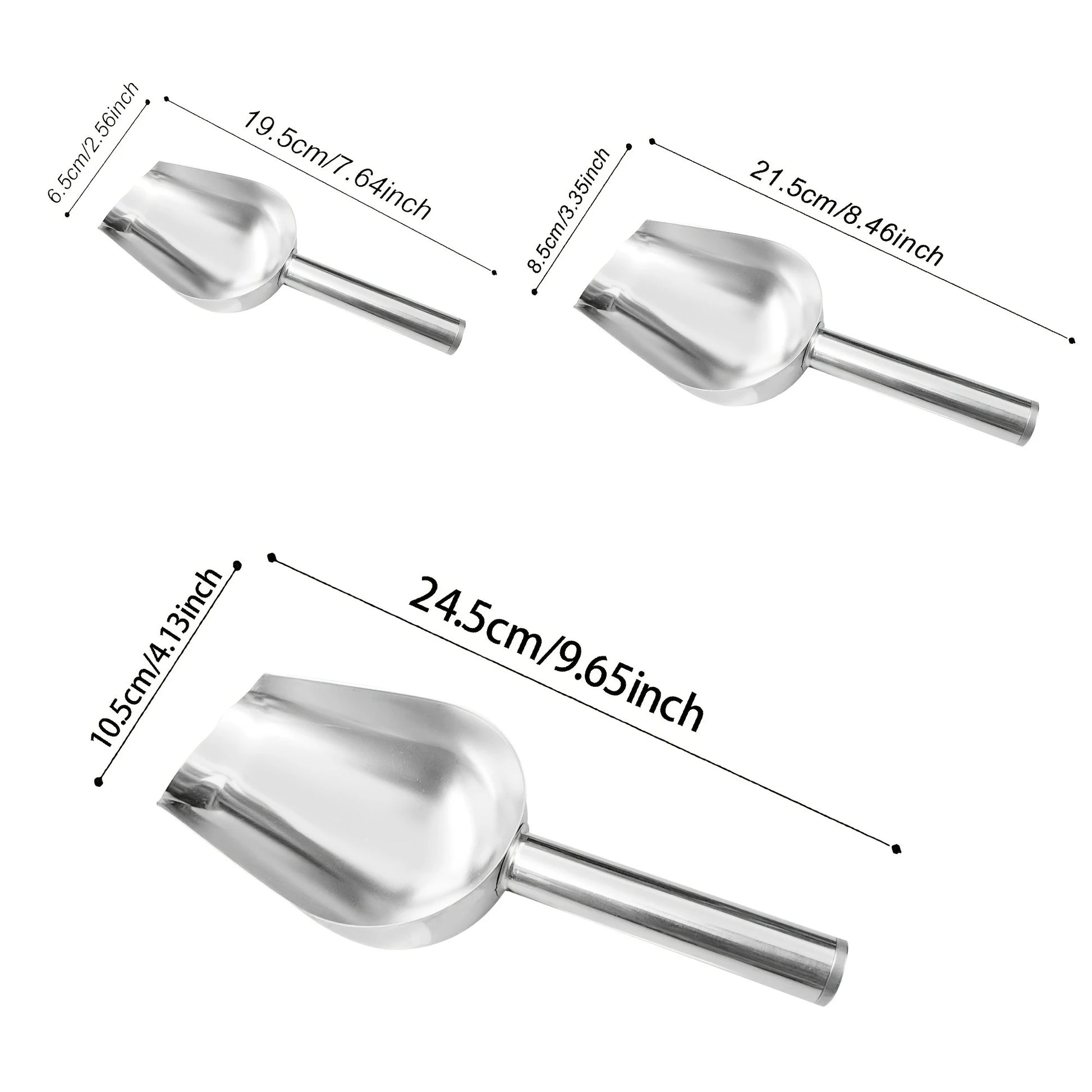 Three stainless steel scoops in a 3-piece set, designed for precise portioning, displayed on a plain background.