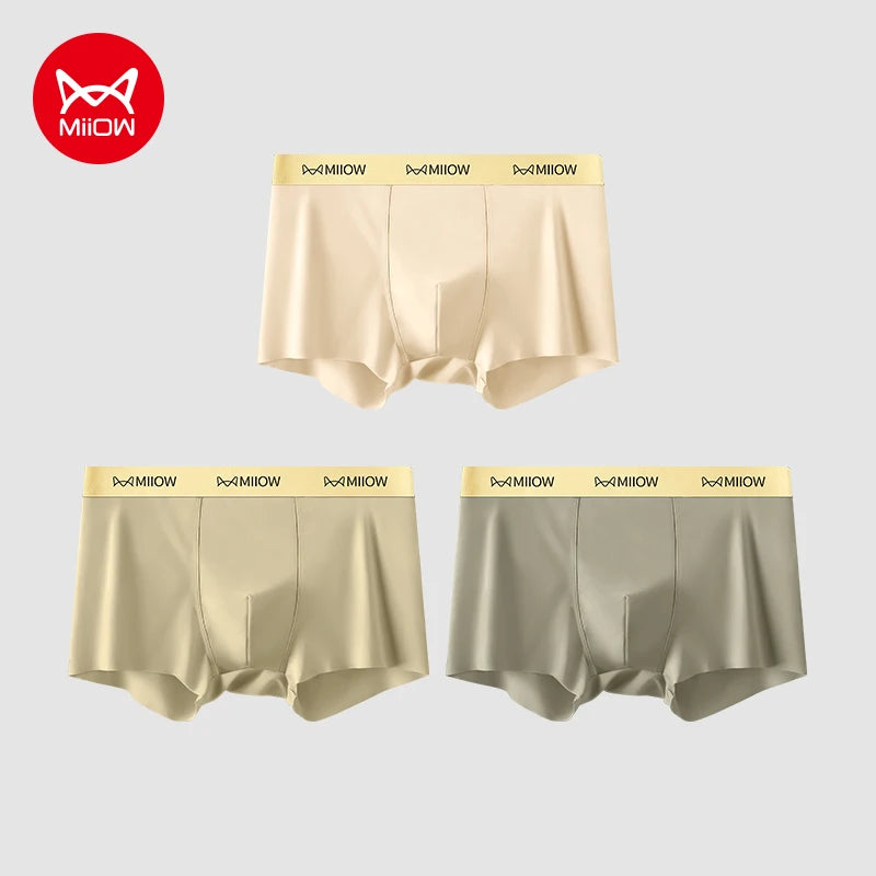 Set of three MiiOW Silky Ice Silk men's boxer shorts in black, showcasing smooth, lightweight fabric and comfortable fit.