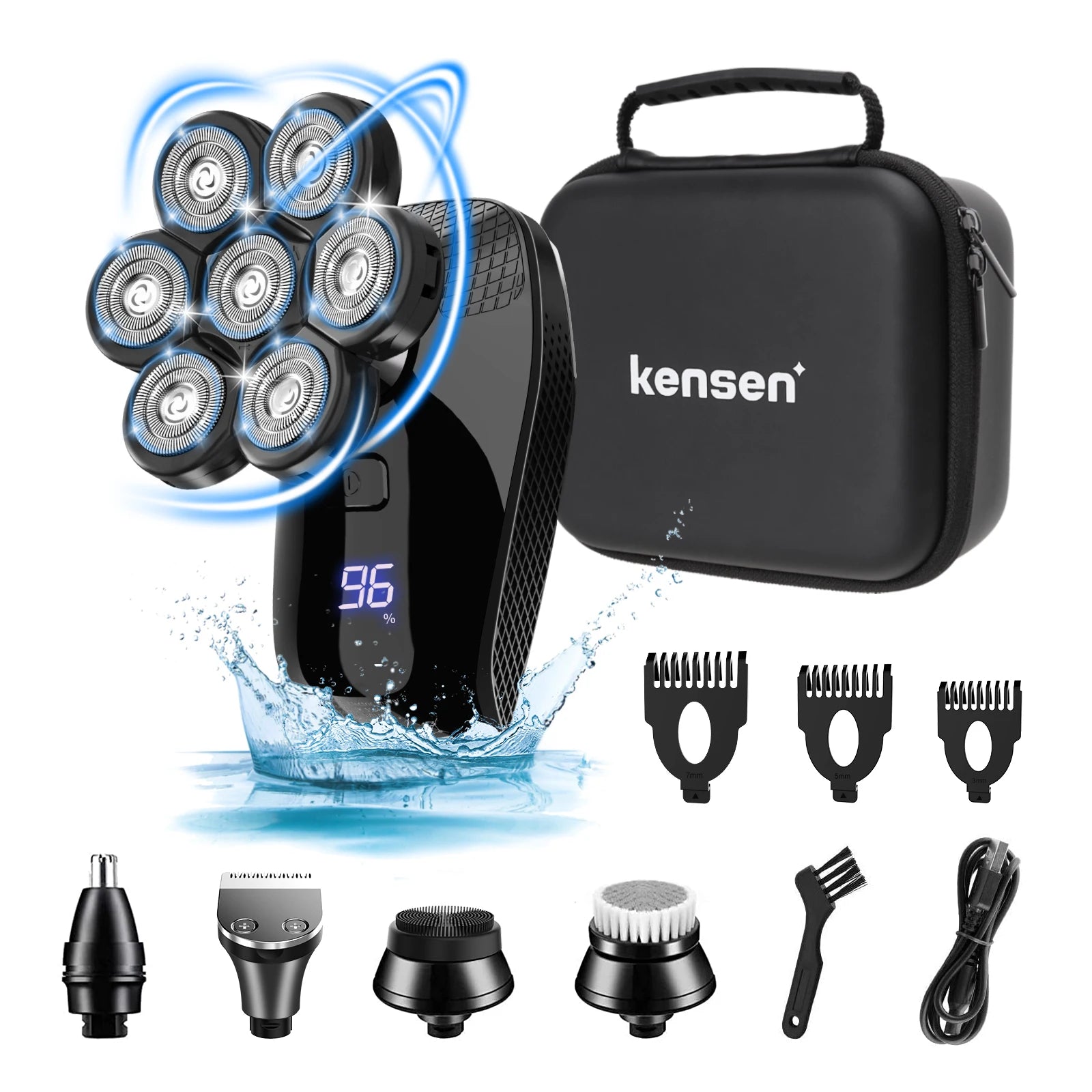 Kensen S8 electric head shaver with hair crimpers attachment, black and silver design, close-up view of the shaver and crimping plates
