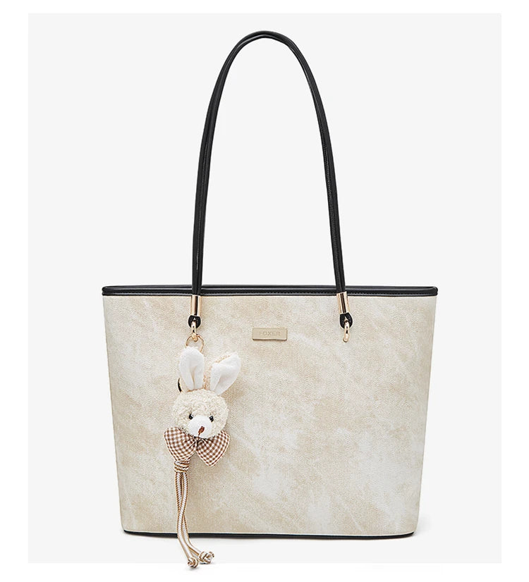 FOXER Designer Women's Tote Bag High Quality PVC Leather Female Handbag Trendy Casual Commuter Shoulder Bag with Pendant