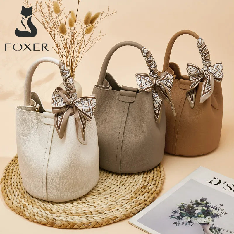 FOXER Women Shoulder Bag Crossbody Handbag Lady Genuine Leather+ Microfiber Fashion Bucket Bag Gift for Lover