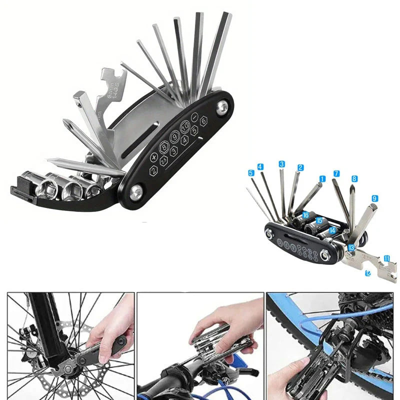 HBC Habicare 16-in-1 folding bike and motorcycle repair tool kit with various tools for maintenance and repairs.