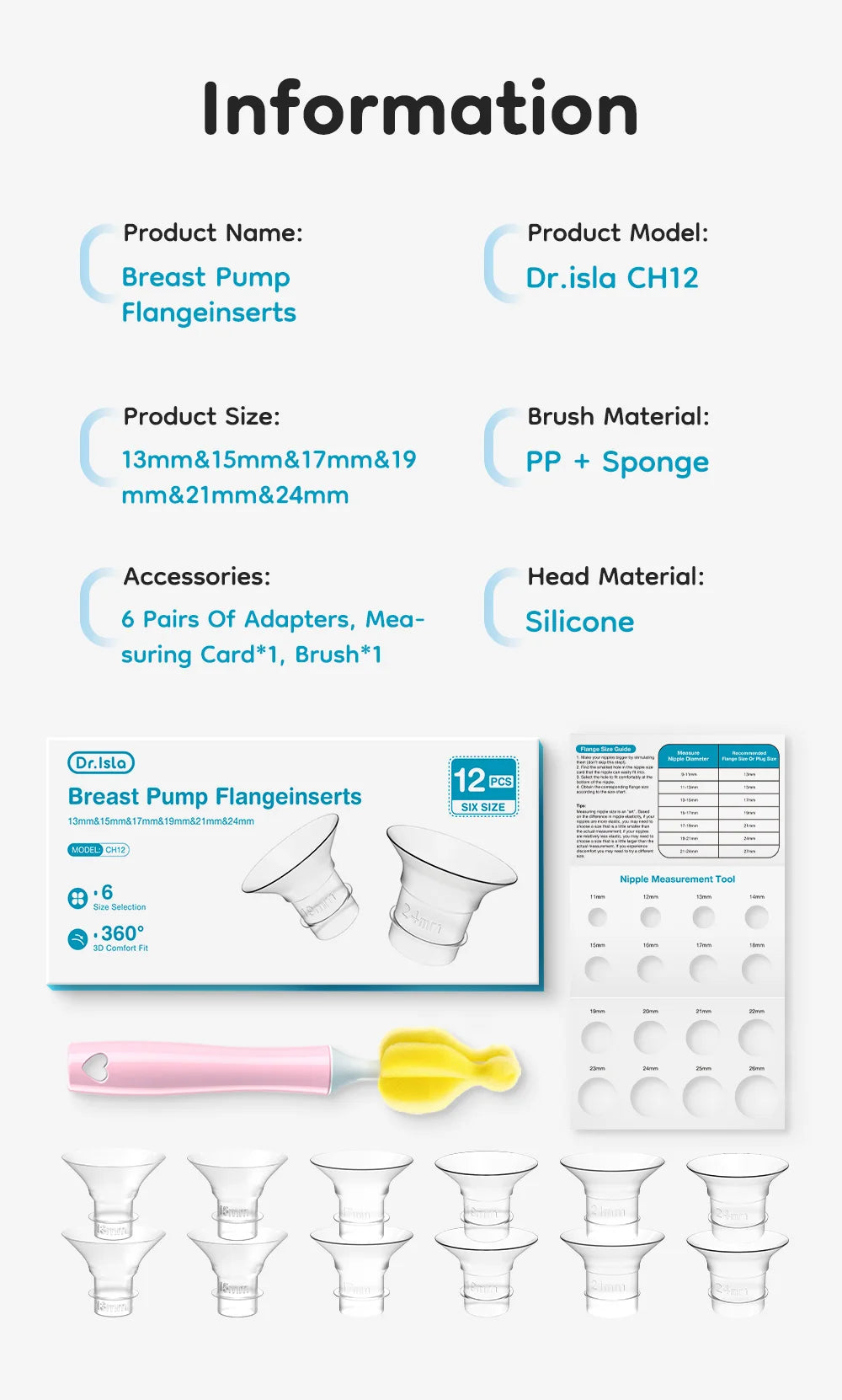 Product information sheet for Dr. Isla CH12 breast pump flangeinserts with images and text.