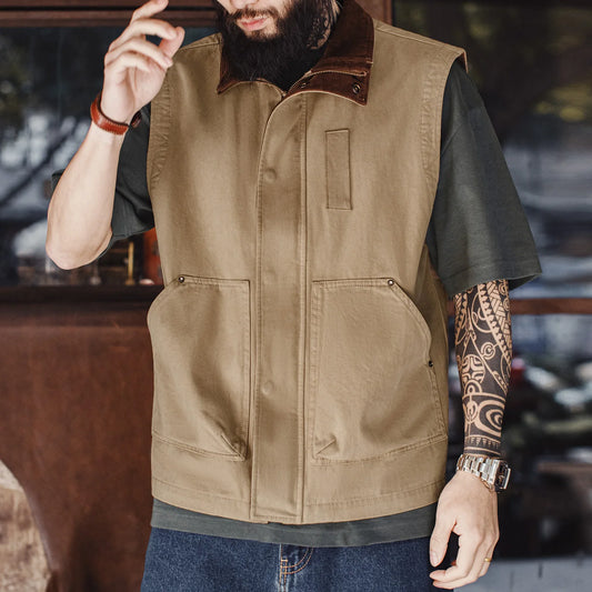 Maden Men's Vintage Corduroy Safari Vest 100% Cotton Khaki Patchwork Vest Casual Zipper Front Sleeveless Jacket for Spring/Fall