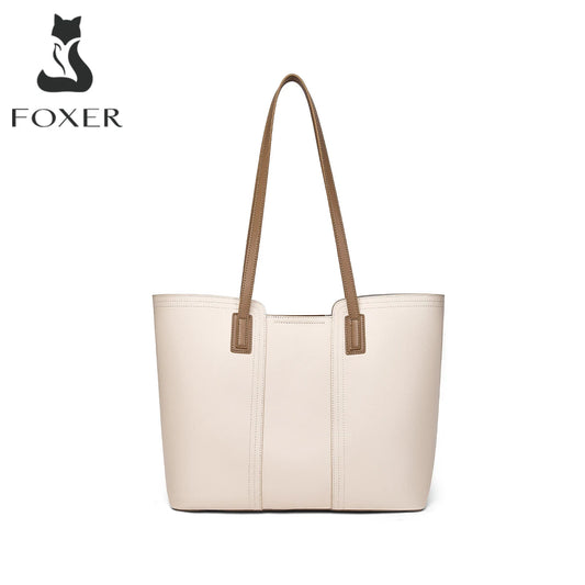 FOXER Soft Leather Handbag Women's Shoulder Bag Cowhide Leather Female Tote Bag Commute Large Capacity Luxury Bucket Bag Purse