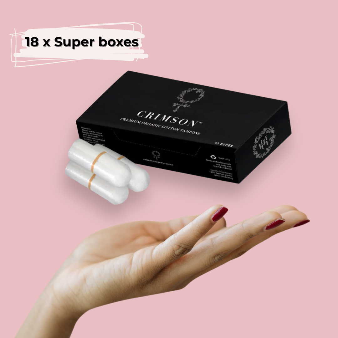 Crimson Super Organic Tampons in a bulk 12-month supply box, showcasing 18 boxes of organic feminine hygiene products.
