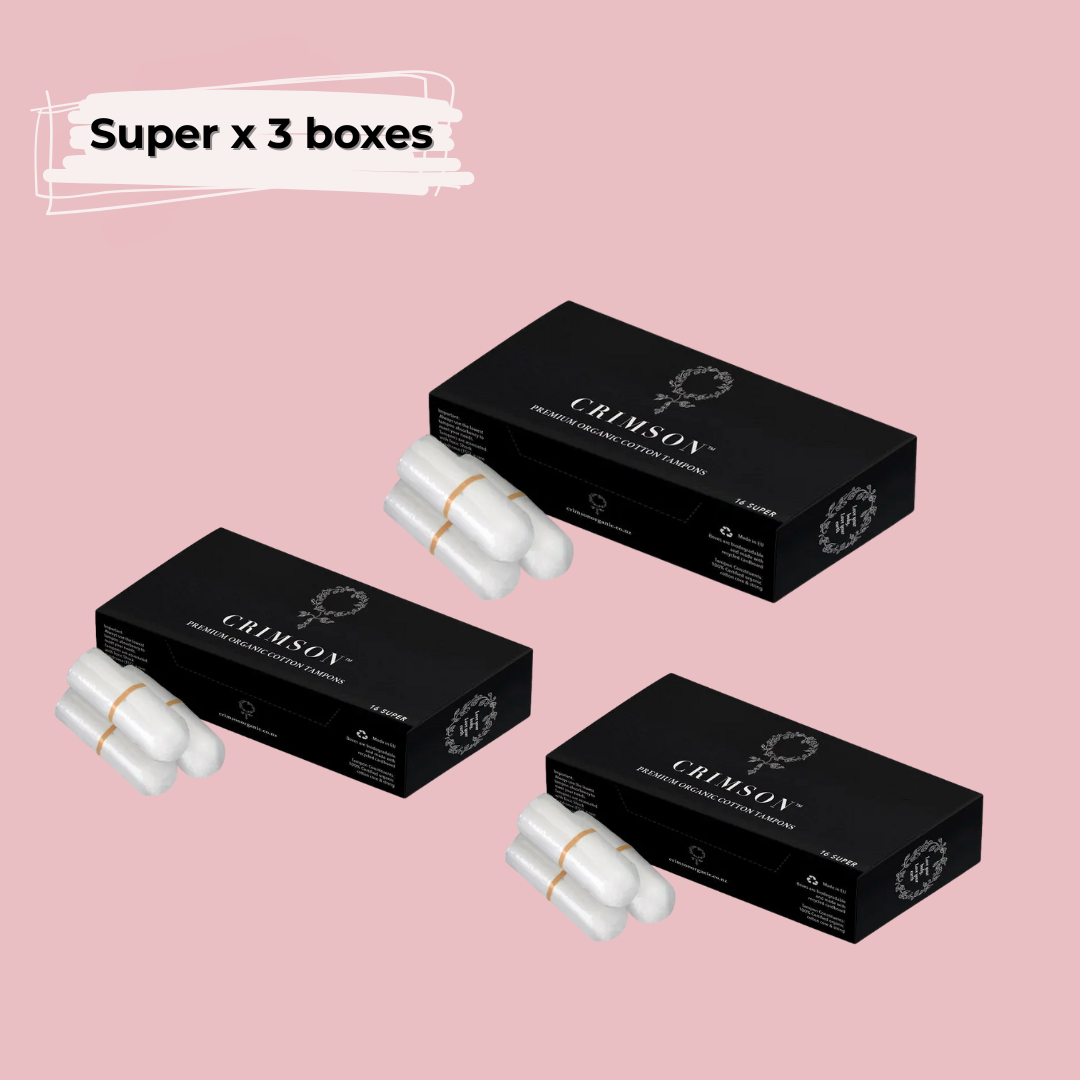 Crimson Super Tampons for heavy flow, 3 boxes, 2-month supply, with absorbent applicators and lightweight design.