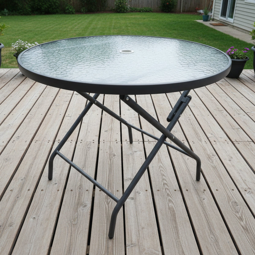 Round 90cm foldable garden table with tempered glass top from dealonlinenz, ideal for outdoor use and easy to store.