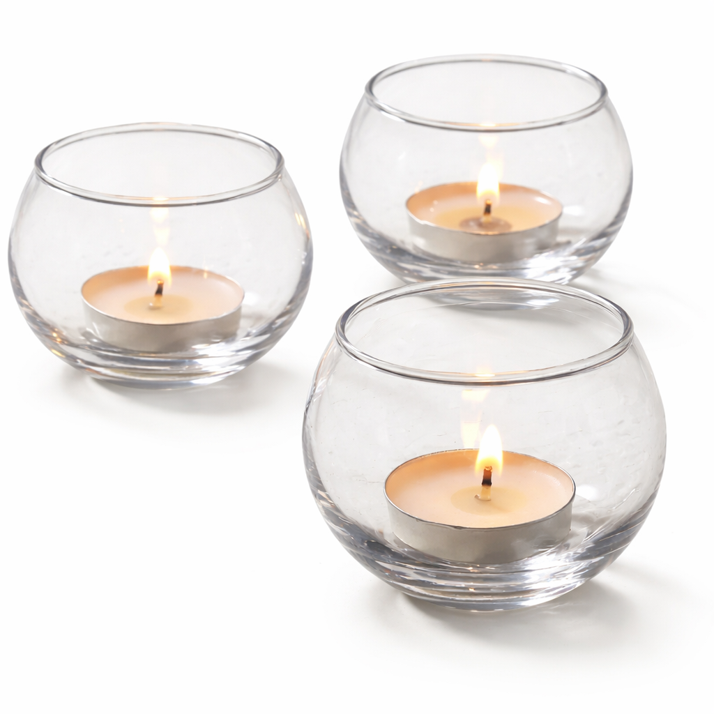 Nest & Stem homewares cotton tea light holder in sand color with candle, measuring 6.2 x 4.9 cm, perfect for ambient lighting.