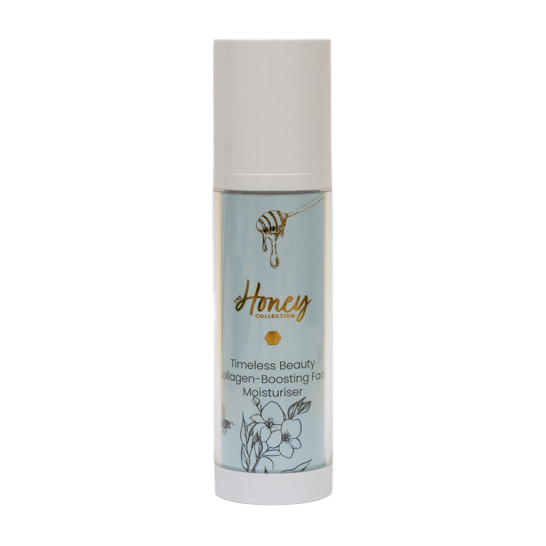 The Honey Collection Timeless Beauty collagen boosting face moisturizer jar with a clean, elegant design and soft pastel packaging.