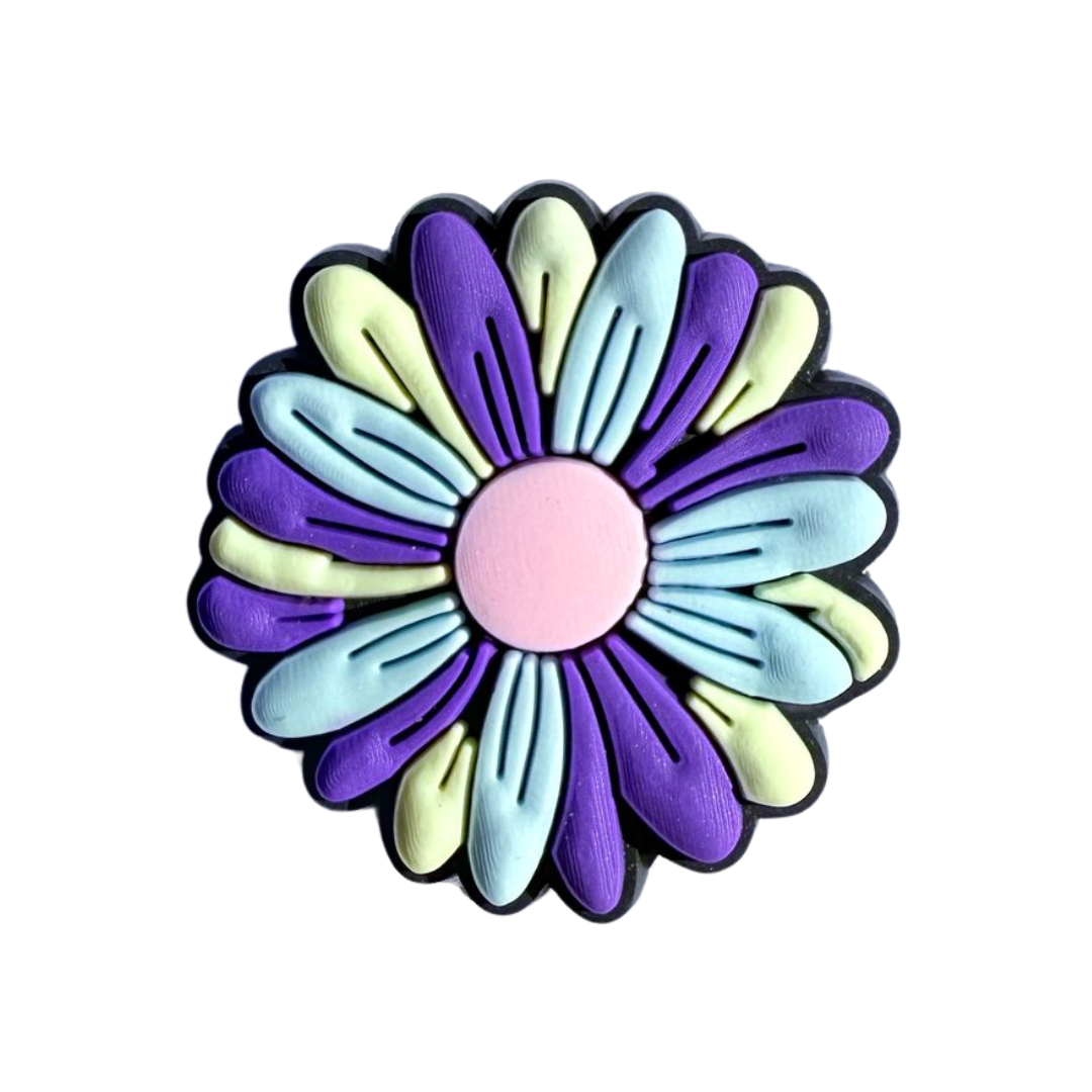 Purple and blue flower charm for WALK-itz by Walkieez, featuring intricate floral design on a small, colorful accessory.