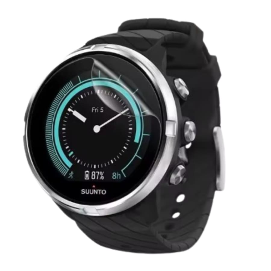 Six hydrogel screen protectors for Suunto 9 watch case, transparent and flexible, designed to prevent scratches and damage.