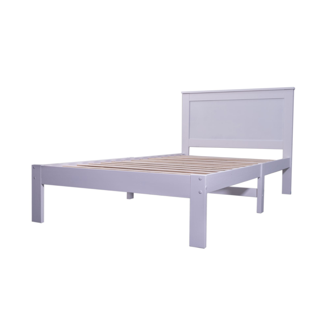 White single solid pine bed frame from Sue-E Furniture's Metro collection, showcasing a sturdy, minimalist design.