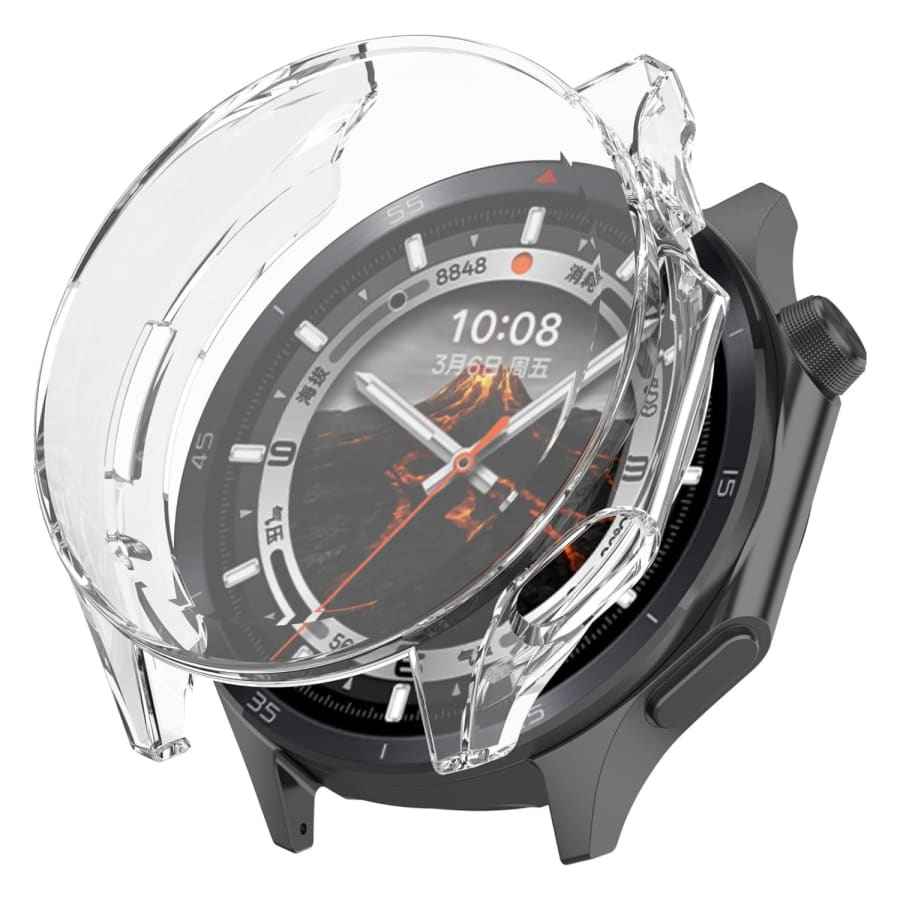 Clear protective case for OnePlus Watch 3 46mm, made by That Watch Shop, shown on the watch with transparent coverage.