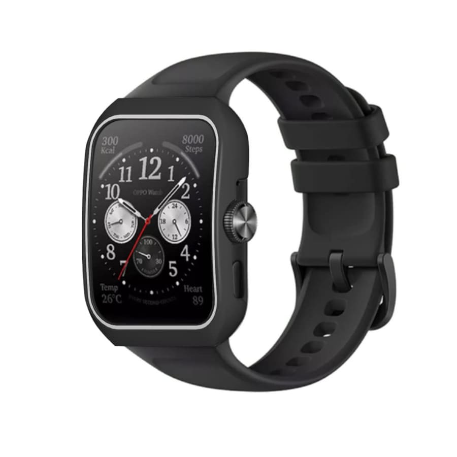Black protective watch case for Oppo Watch 3 Pro, made by That Watch Shop, shown fitted around the smartwatch in the image.