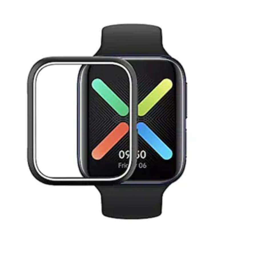 Black protective watch case for Oppo Watch 46mm, designed by That Watch Shop, showing the sleek, snug-fit design on the watch.