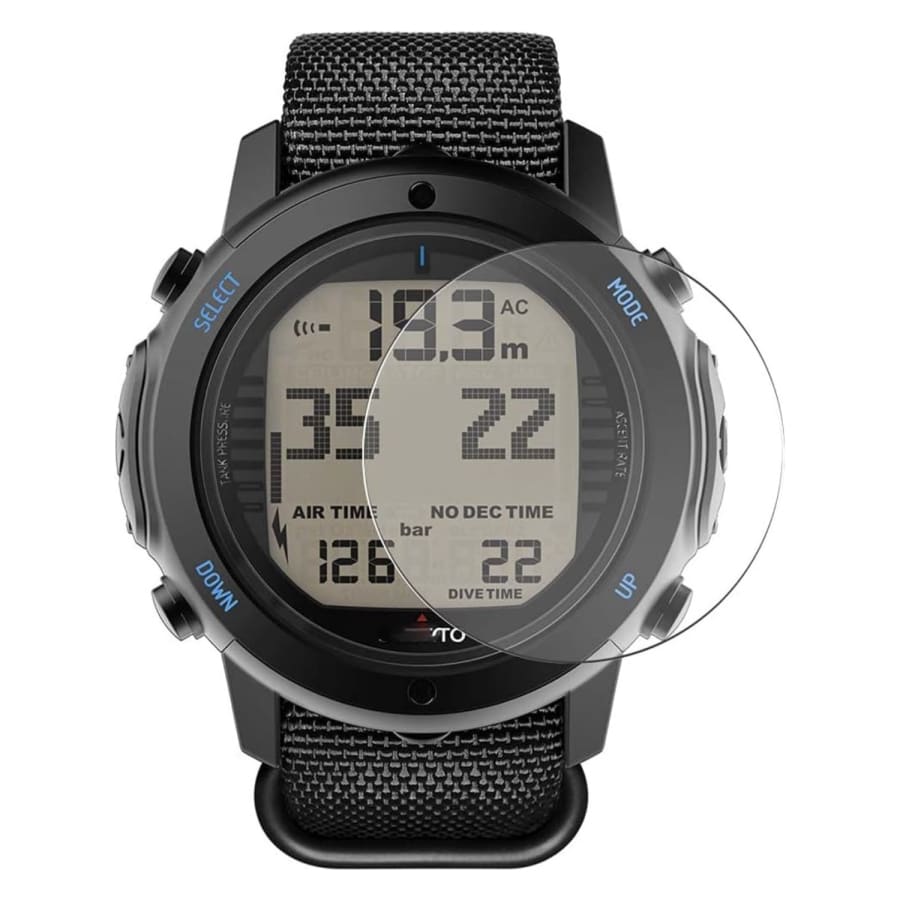 Clear screen protector for Novo Suunto D6i watch case, showing a snug fit and transparent design for screen protection.