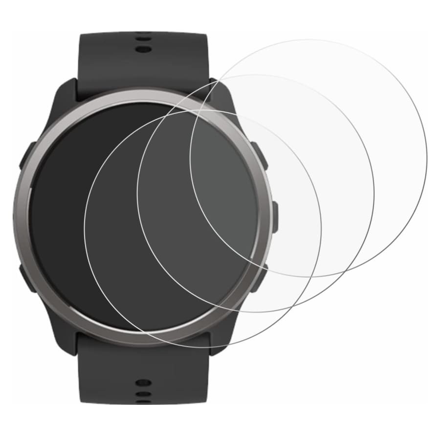 Pair of Suunto 5 Peak screen protectors in clear watch case, showing protective film and precise cutouts for the smartwatch.