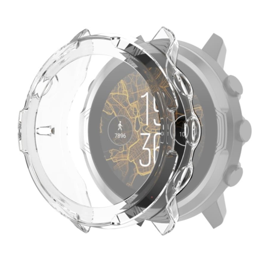 Clear protective watch case for Suunto 7 by That Watch Shop, showing transparent edge and precise fit on the smartwatch.