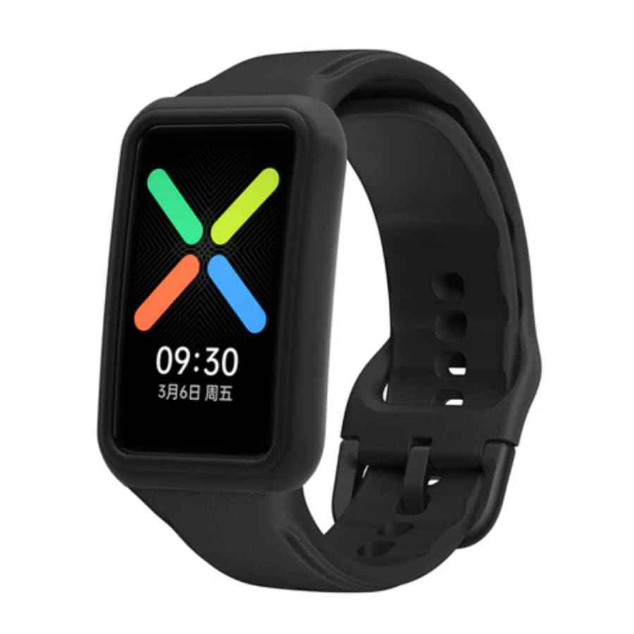 Black Oppo Watch Free protective case, transparent and slim, designed to fit snugly around the smartwatch for protection.