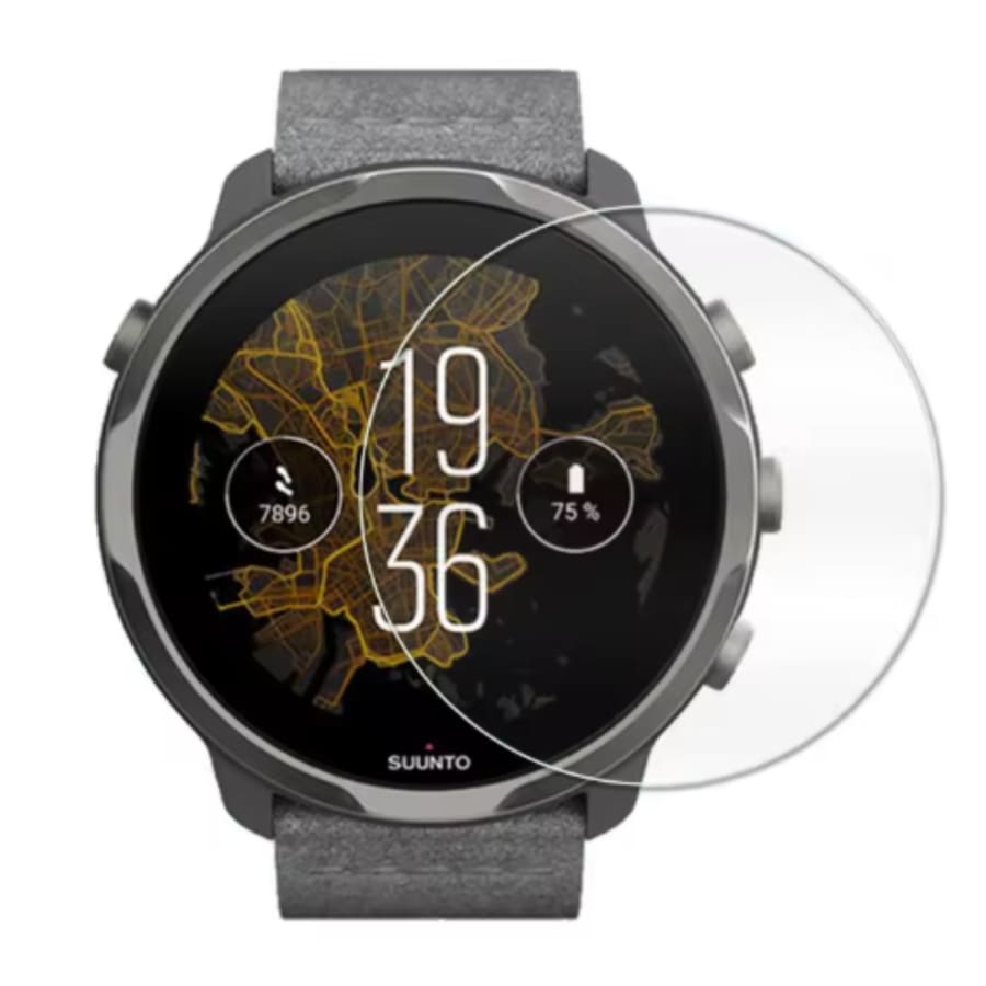 Pair of clear screen protectors for Suunto 7 smartwatch, designed to safeguard the watch face from scratches and damage.