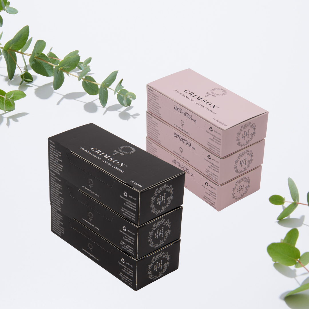 Crimson mixed absorbency organic tampon pack with 24 tampons in a workplace package, suitable for various flow levels.
