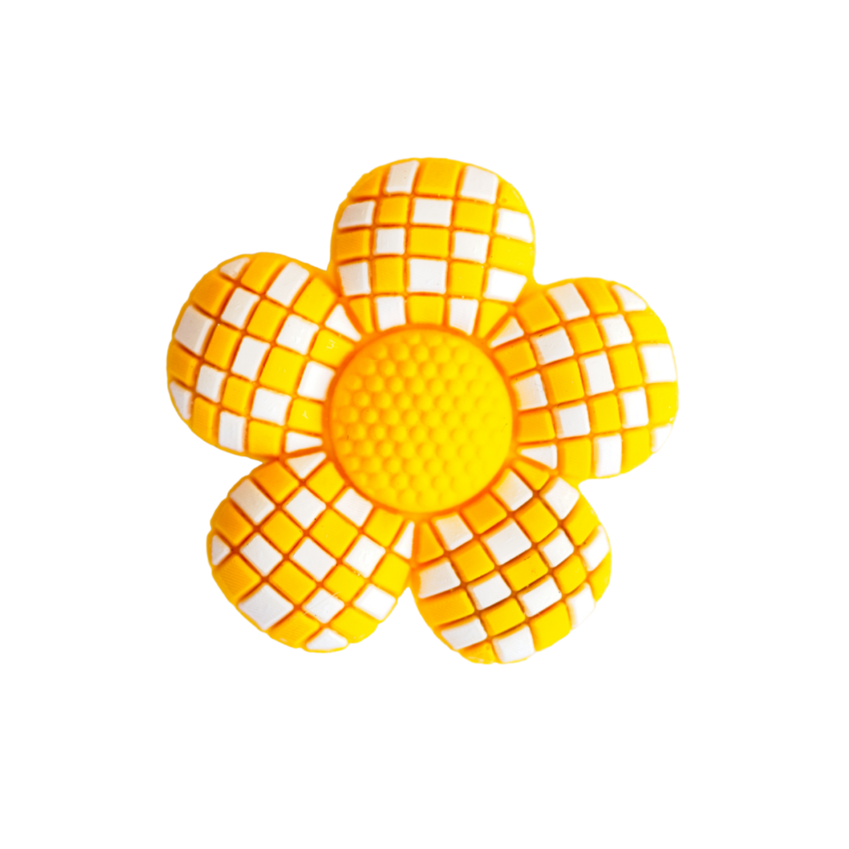 Yellow checkered flower charm from WALK-itz by Walkieez, featuring a bright yellow floral design with a checkered pattern.