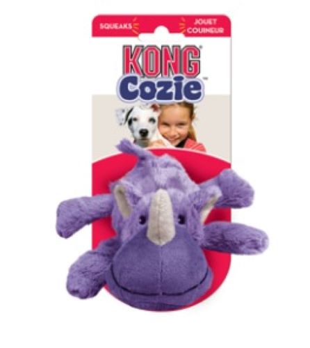 Medium Kong Cozie Rosie Rhino dog toy by Animal Addiction Limited with soft plush fabric and squeaker for interactive play.