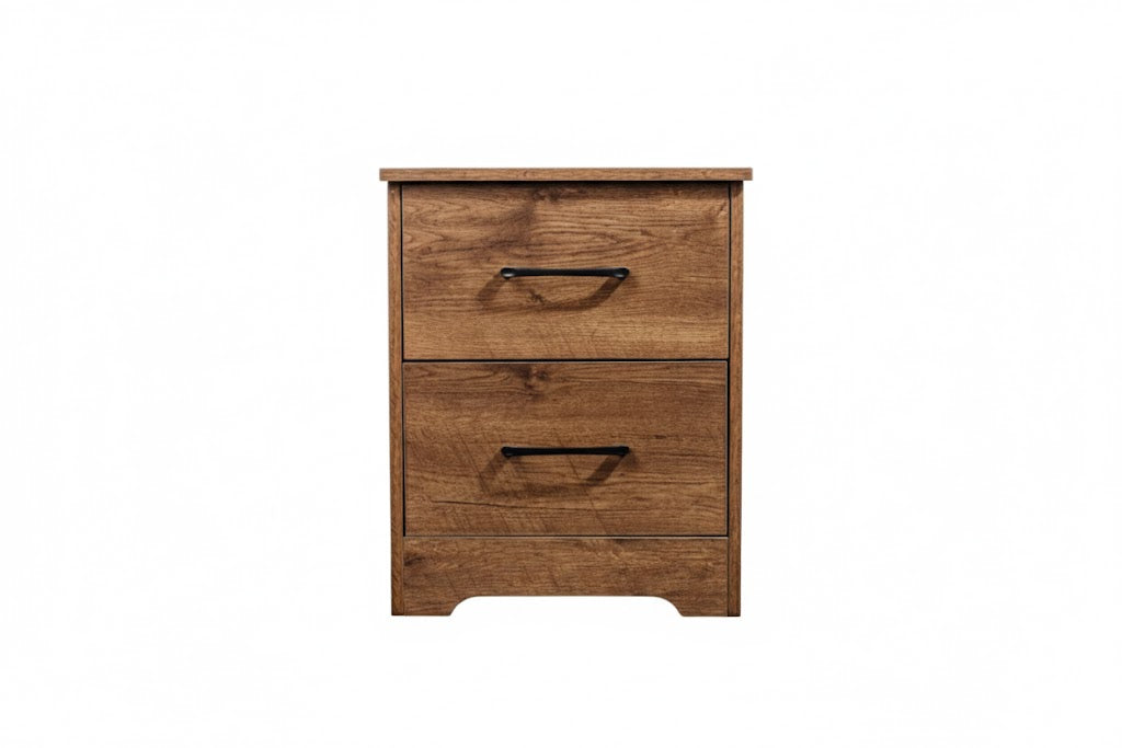 Walnut-colored Althea bedside table by sue-e furniture with a modern design and clean lines, placed beside a bed in a cozy bedroom.