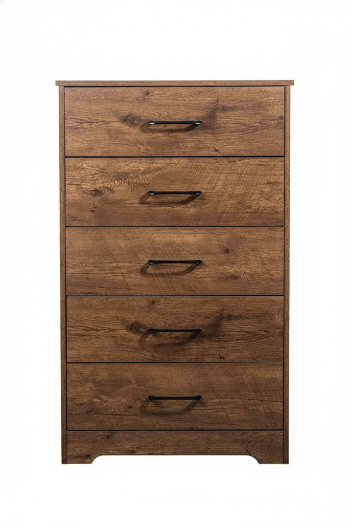 Althea tall boy dresser in Walnut color with five drawers by Sue-e Furniture, featuring a sleek modern design and wooden finish.