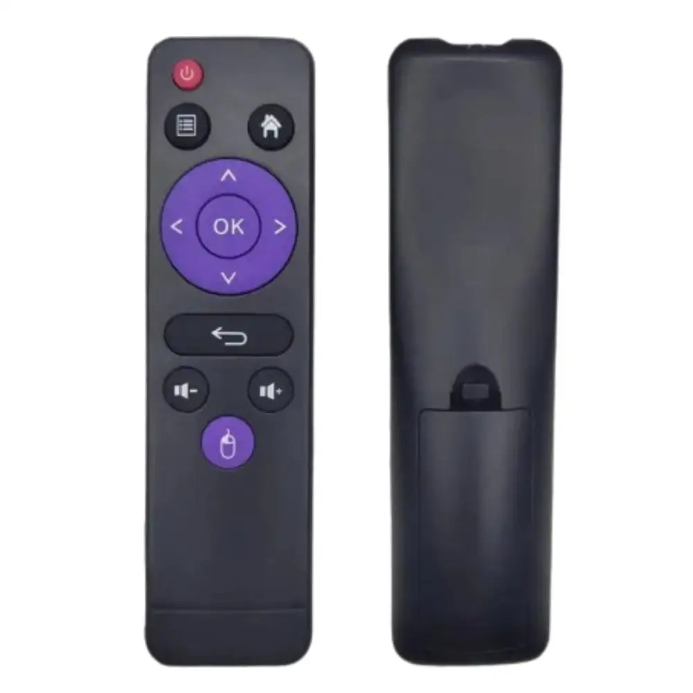 Black Habicare HBC Android TV Box remote control, universal design, with buttons for easy TV and media device navigation.