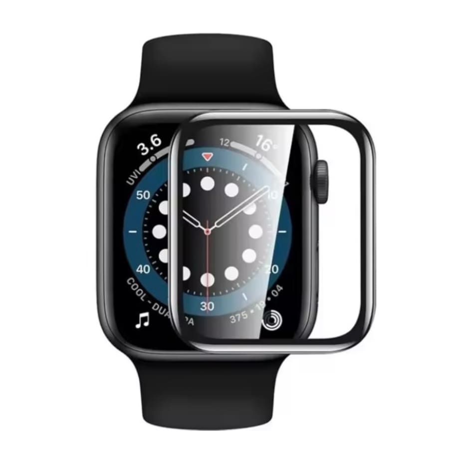 Black Apple Watch Series 10 46mm screen protector from That Watch Shop, showing the clear protective film on the watch face.