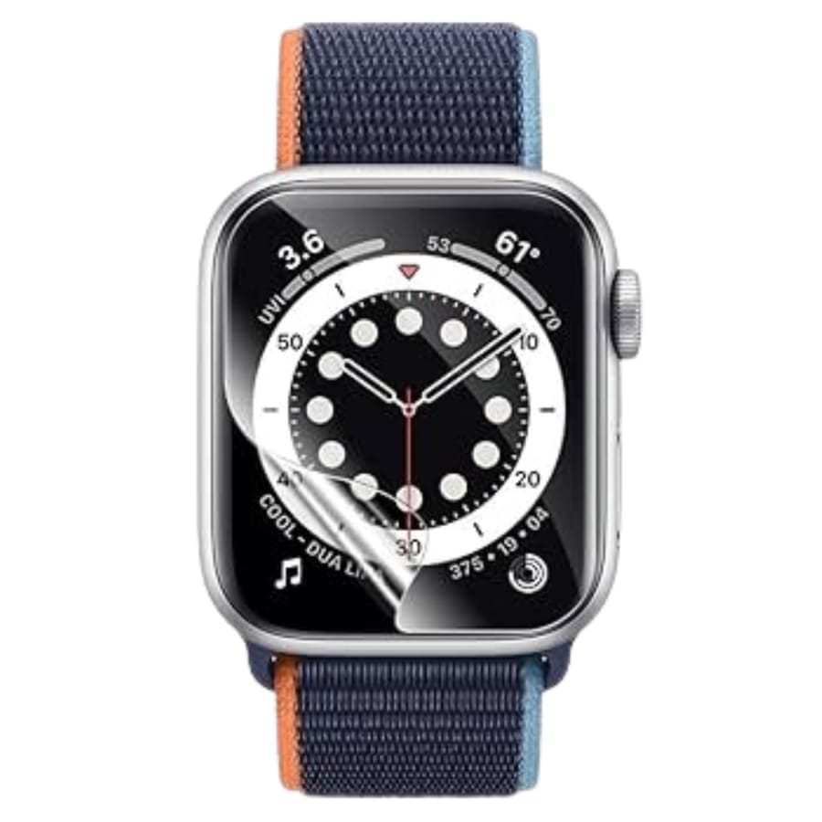 Hydrogel screen protector for Apple Watch Series 4 44mm from That Watch Shop, shown on a watch face with clear coverage.