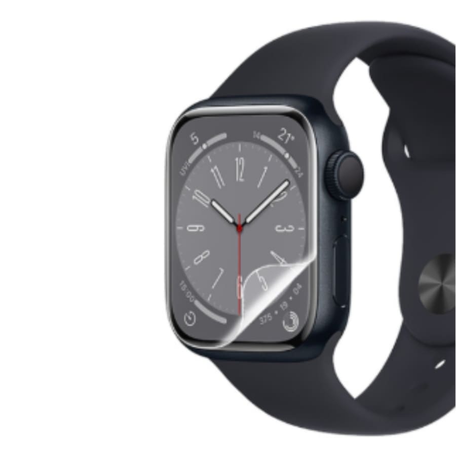 Hydrogel screen protectors for Apple Watch Series 8 45mm, pack of 6, showing clear, flexible protectors fitting the watch screen.