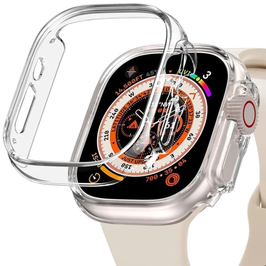 Clear protective case for Apple Watch Ultra 3 49mm, designed to shield the watch while showcasing its design.