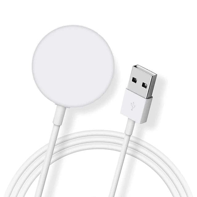 White USB wireless charger for Apple Watch with USB-C cable, designed for convenient charging from That Watch Shop.