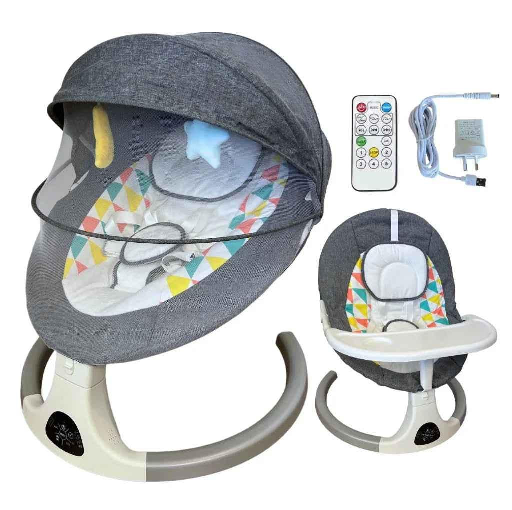 Baby Way NZ 2-in-1 electric baby rocker swing and bouncer with food tray, remote, and dining seat for infants.