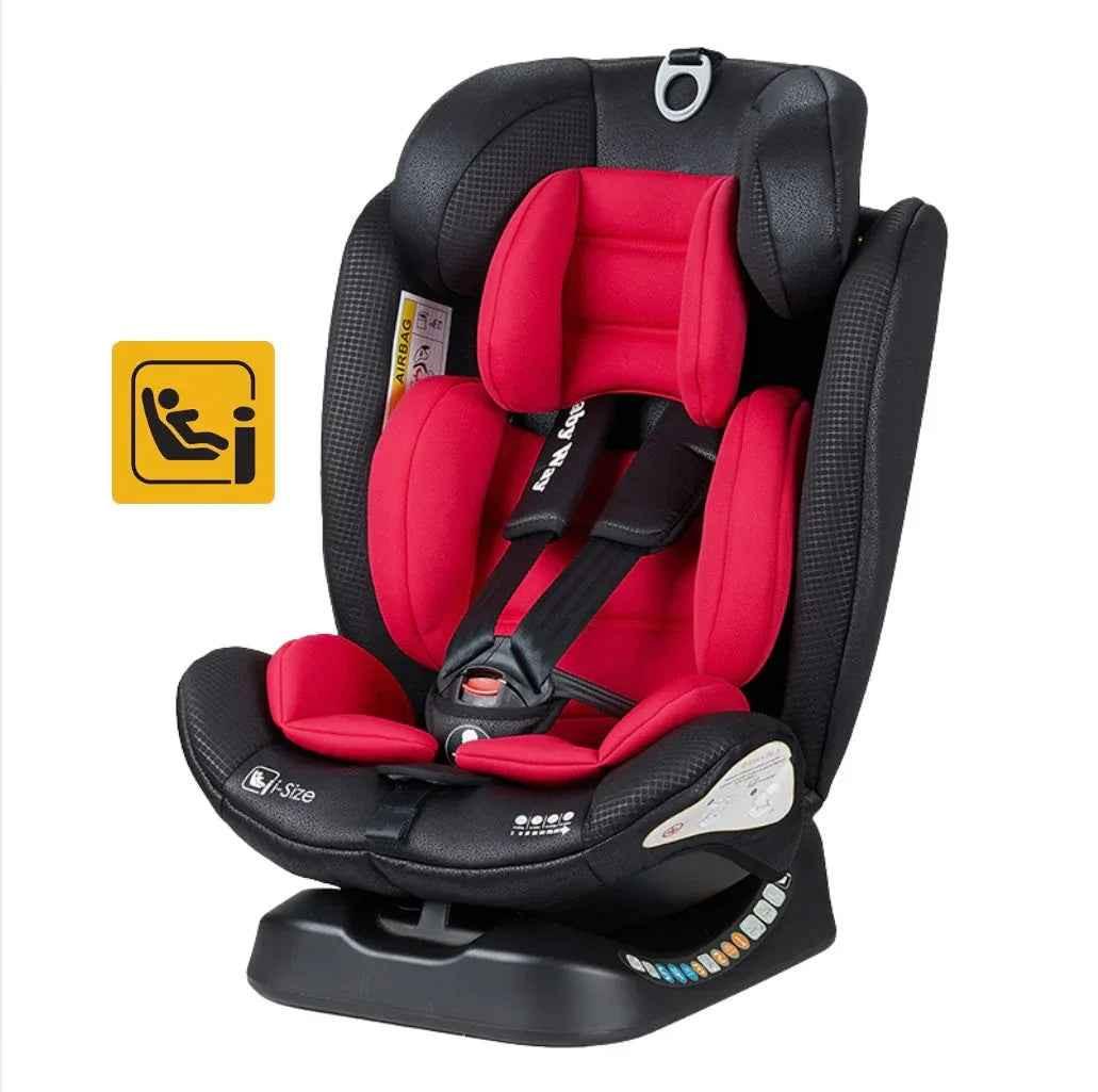 Red GrowSwitch iSize convertible car seat for babies and toddlers, suitable for ages 0-12 years, by Baby Way NZ.