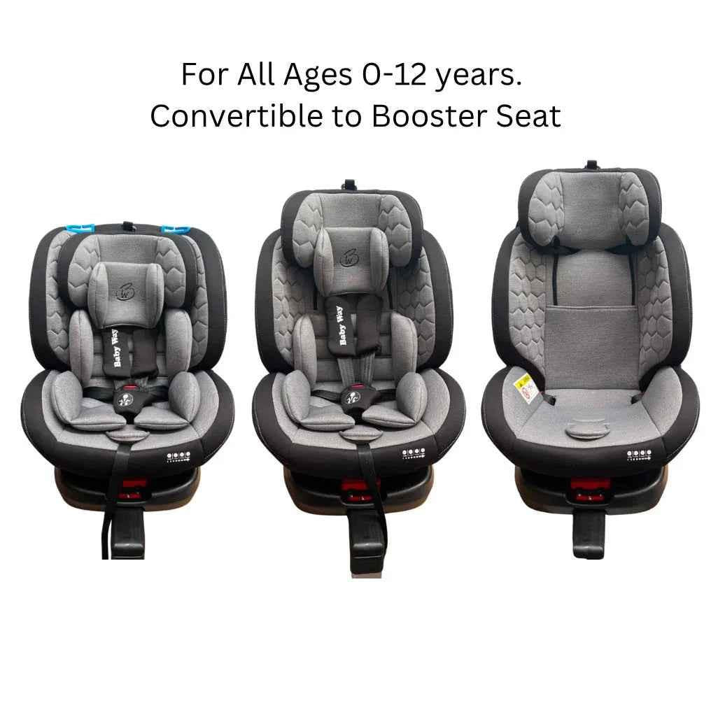 Baby Way NZ SafeHalo 360 rotating convertible car seat with ISOFIX in khaki, suitable for all ages, shown installed in a vehicle.