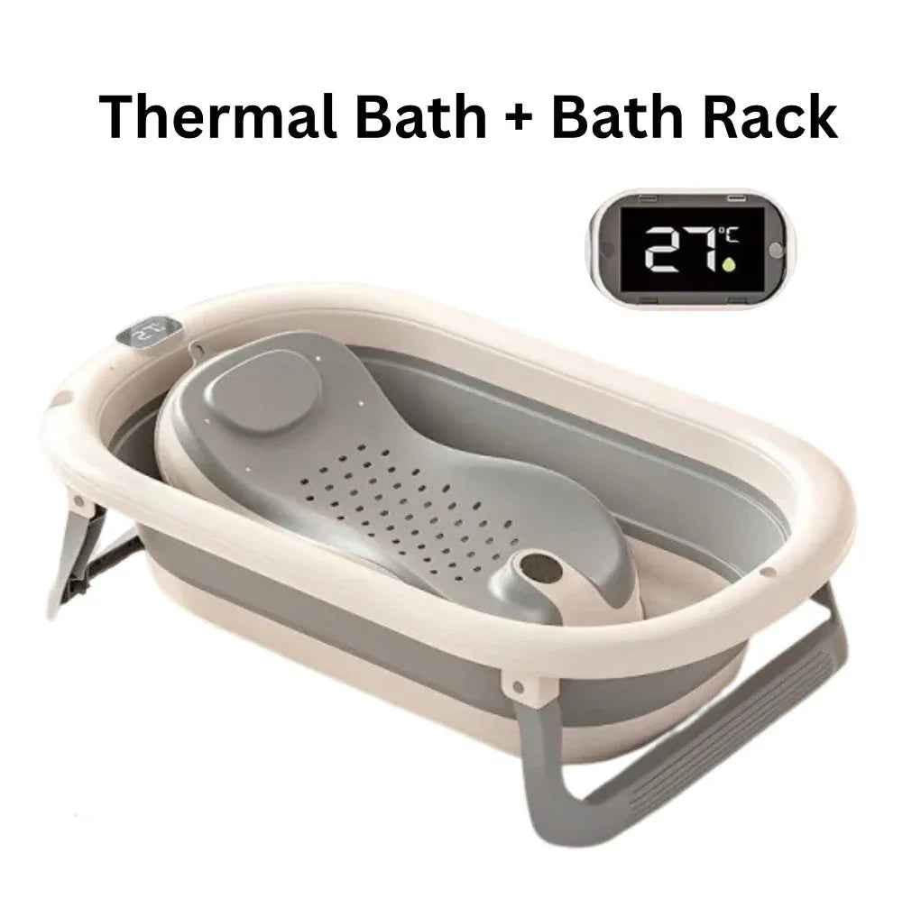 Foldable Baby Bath with digital thermometer and support rack in grey, designed for newborns by Baby Way NZ.