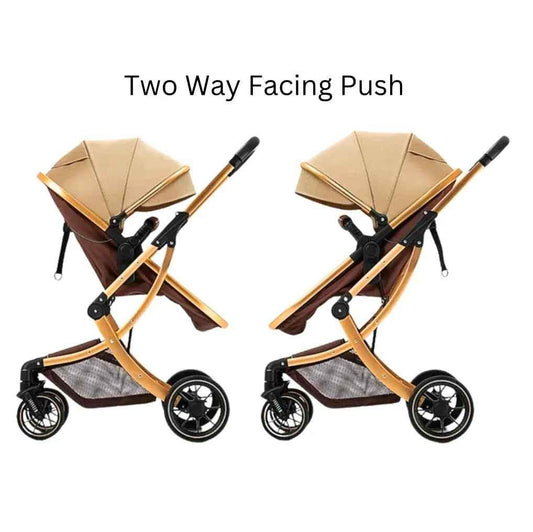 Baby Way NZ The Mint 2-in-1 high view reversible bassinet stroller in khaki, suitable for babies 0-3 years, with adjustable features.