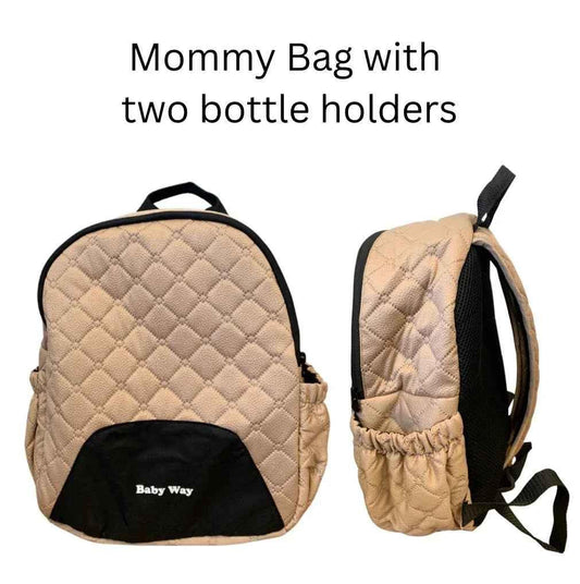 Beige quilted Baby Way NZ diaper backpack with multiple compartments, lightweight mommy nappy bag for carrying baby essentials.
